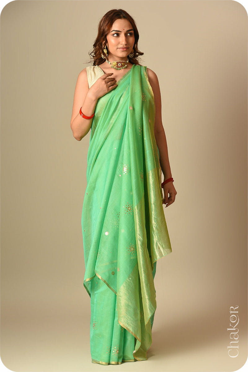 Chakor's Traditional Sea Green Chanderi silk cotton saree with sequins embroidery.