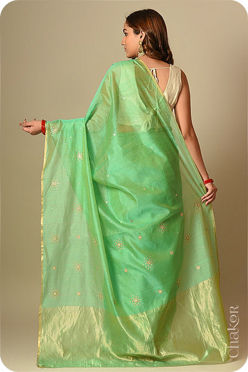 Chakor's Traditional Sea Green Chanderi silk cotton saree with sequins embroidery.