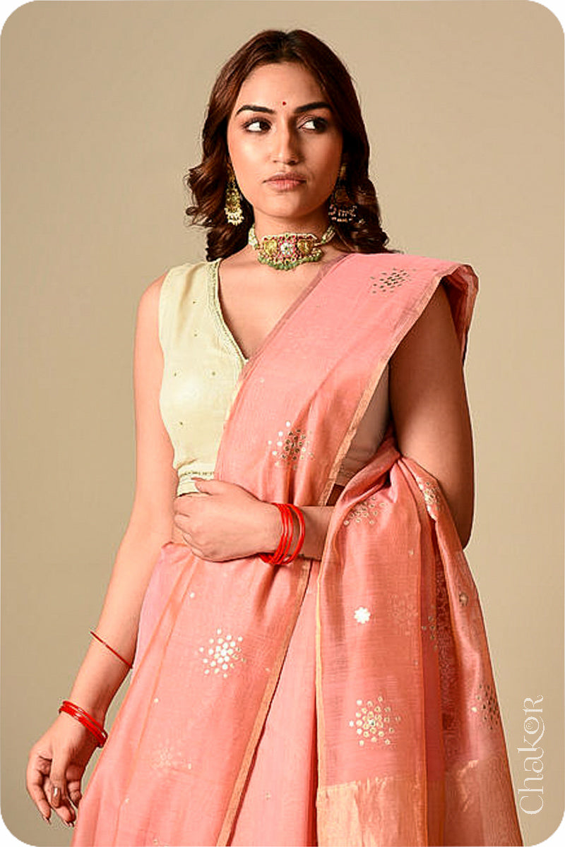 Chakor's Traditional Pink Chanderi silk cotton saree with sequins embroidery.