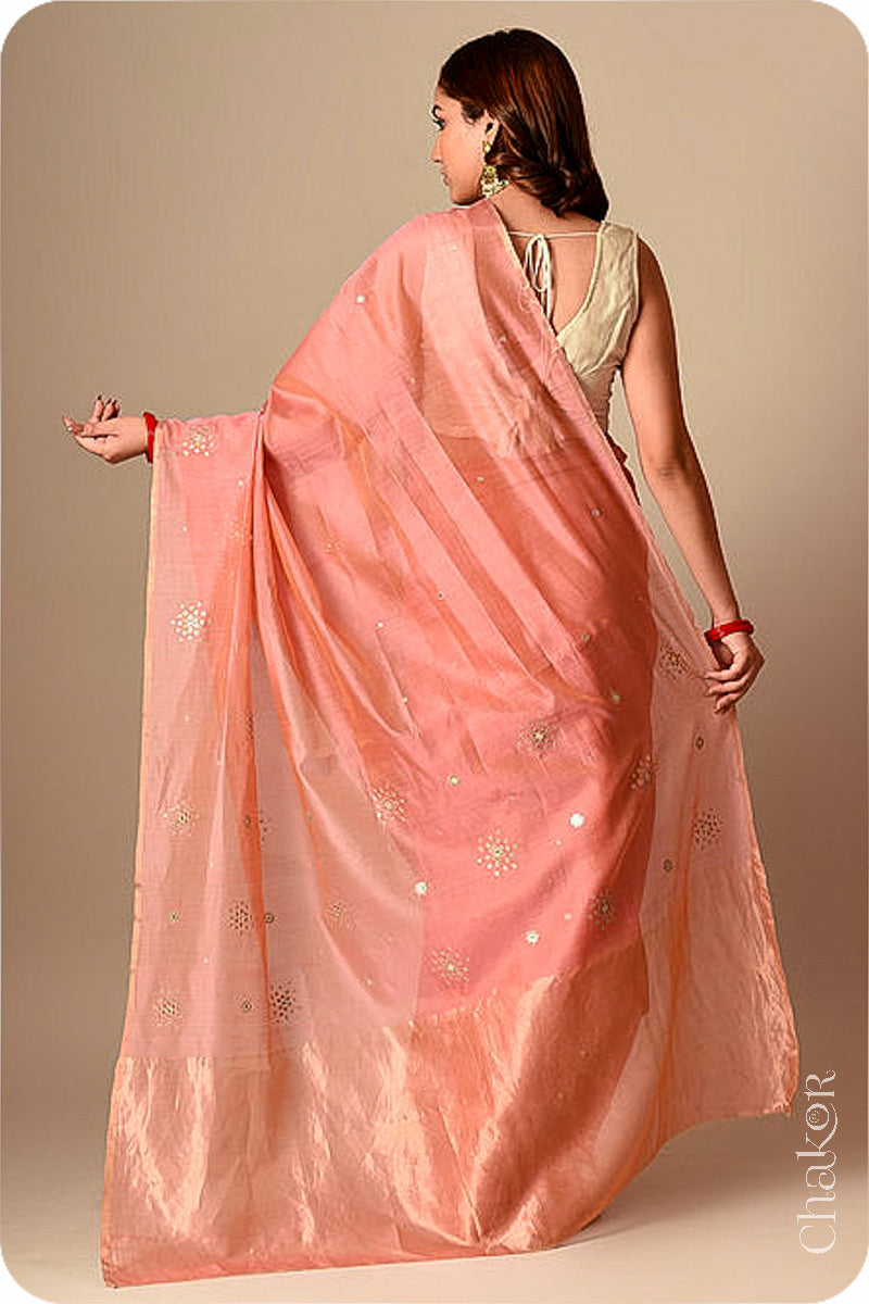 Chakor's Traditional Pink Chanderi silk cotton saree with sequins embroidery.