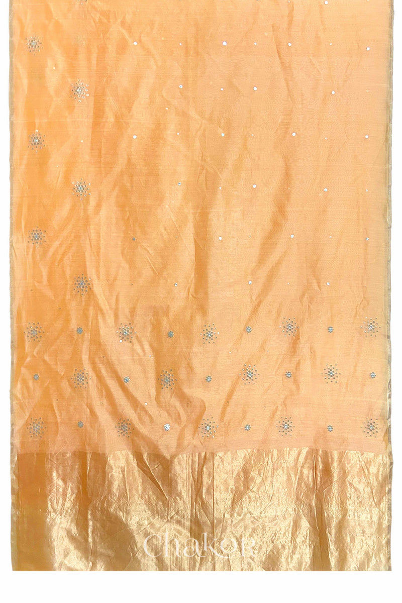Full view of Peach Chanderi Silk Cotton Handloom Saree with sequins and mirror embroidery.
