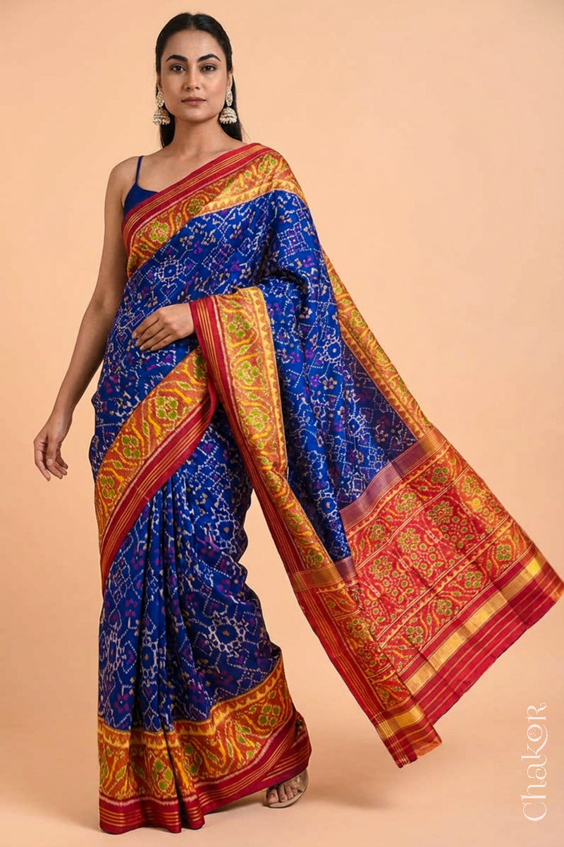 Navy Red Patola Mulberry Silk Saree