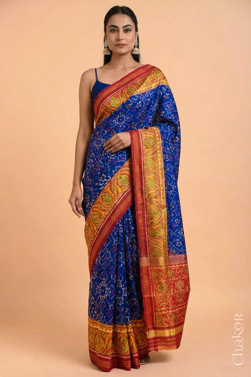 Navy Red Patola Mulberry Silk Saree