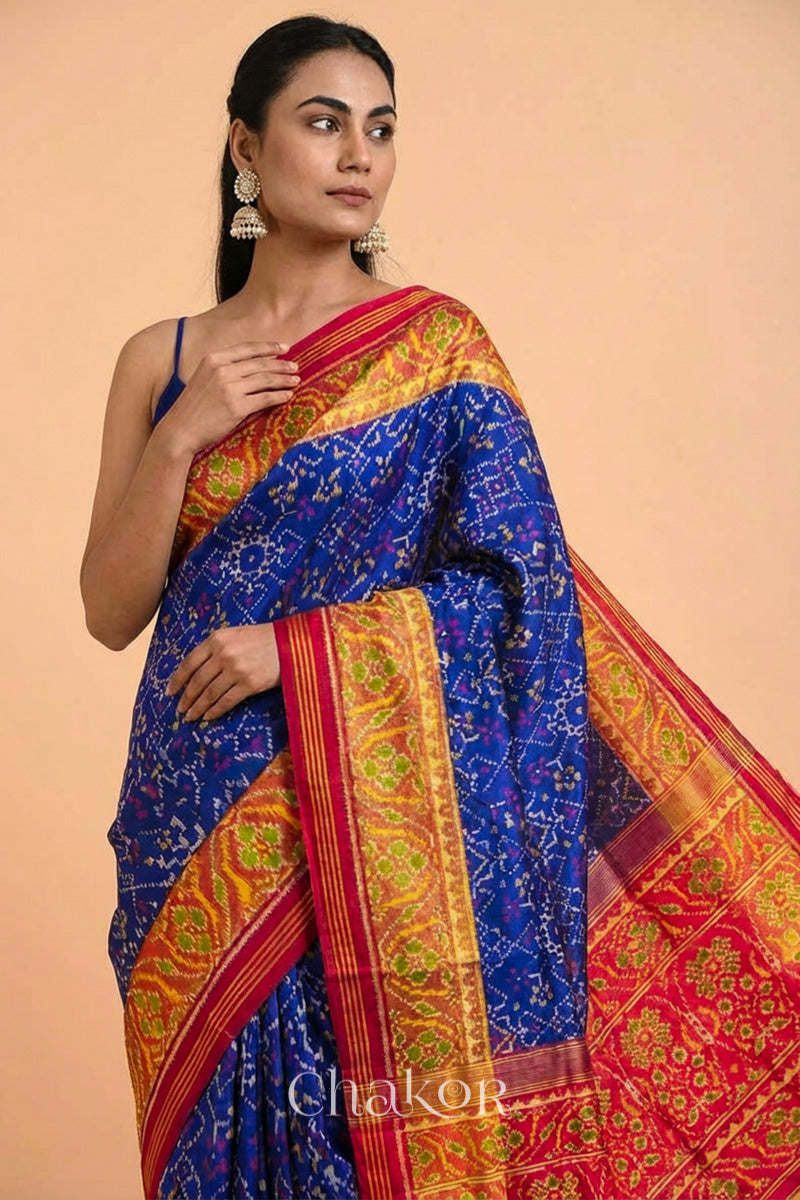 Navy Red Patola Mulberry Silk Saree