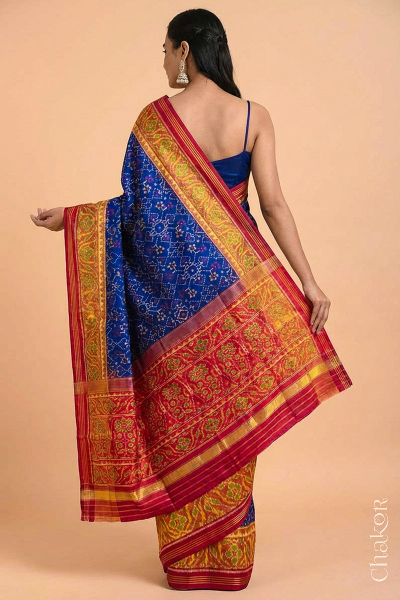 Navy Red Patola Mulberry Silk Saree