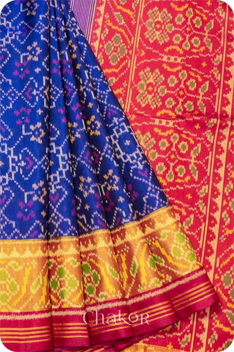 Navy Red Patola Mulberry Silk Saree