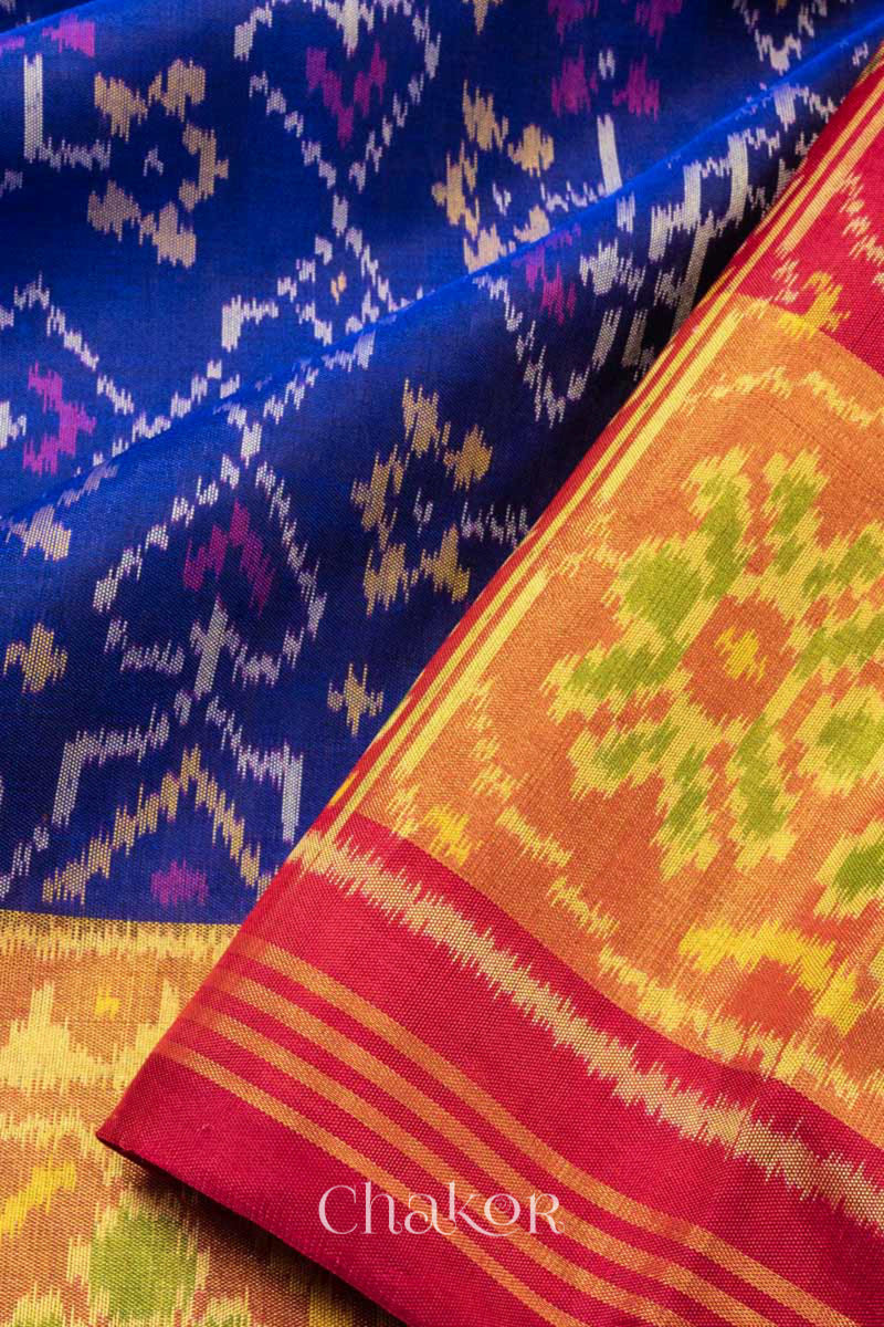 Navy Red Patola Mulberry Silk Saree