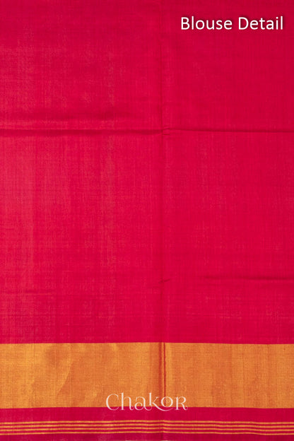 Unstitched Blouse Material of Handloom Blue and Red Ikat Patola Mulberry Pure Silk Saree, with traditional design handcrafted in Rajkot.