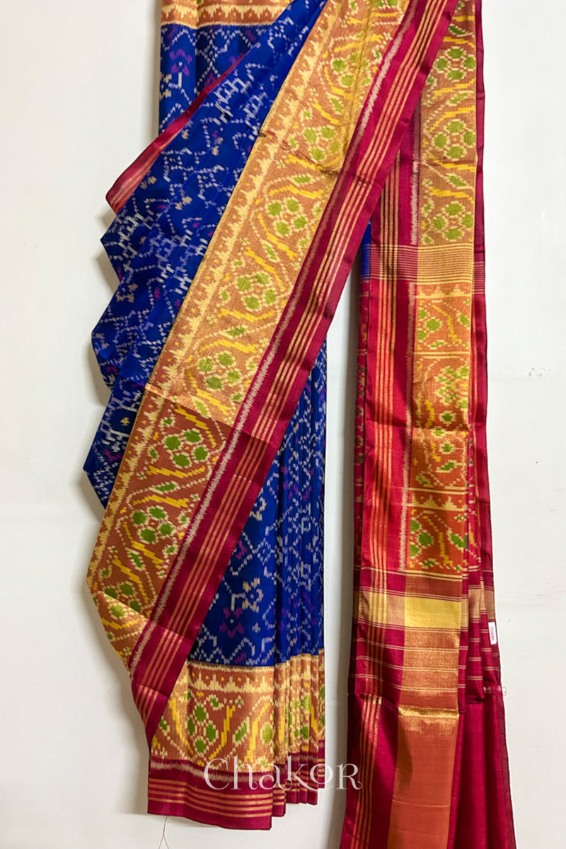 Navy Red Patola Mulberry Silk Saree