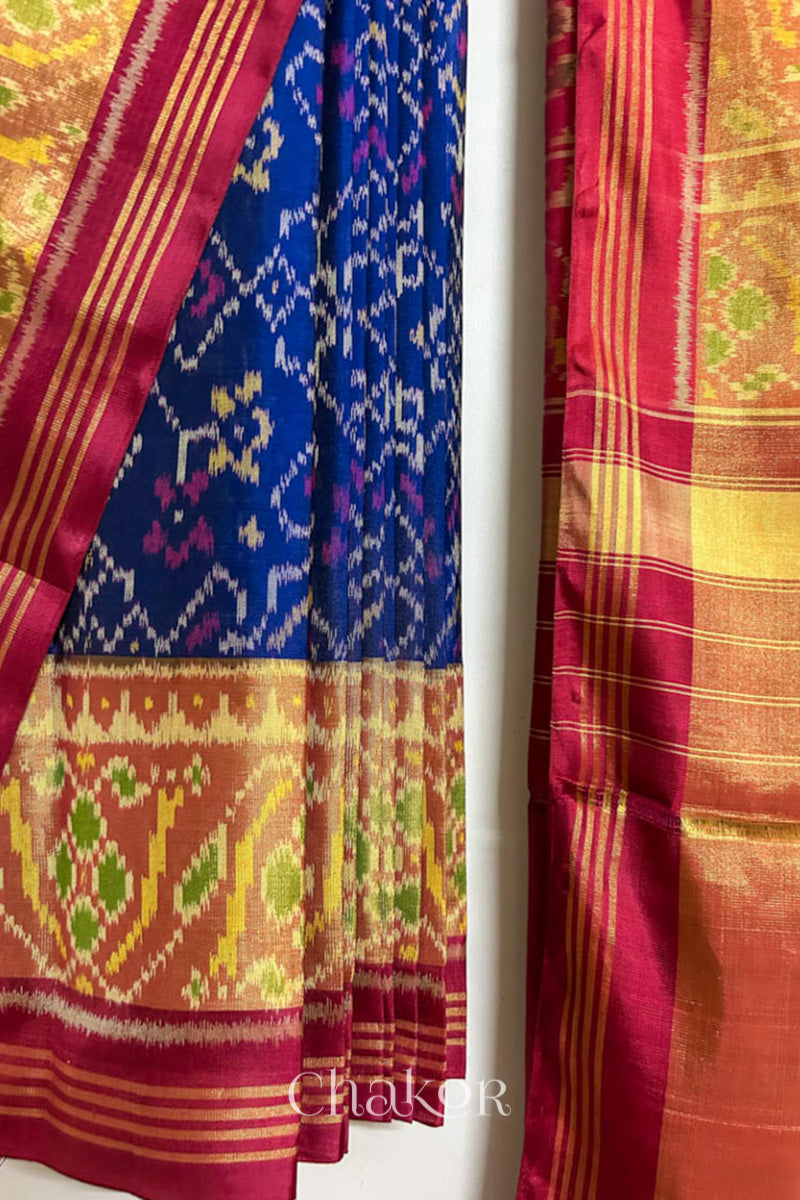 Navy Red Patola Mulberry Silk Saree