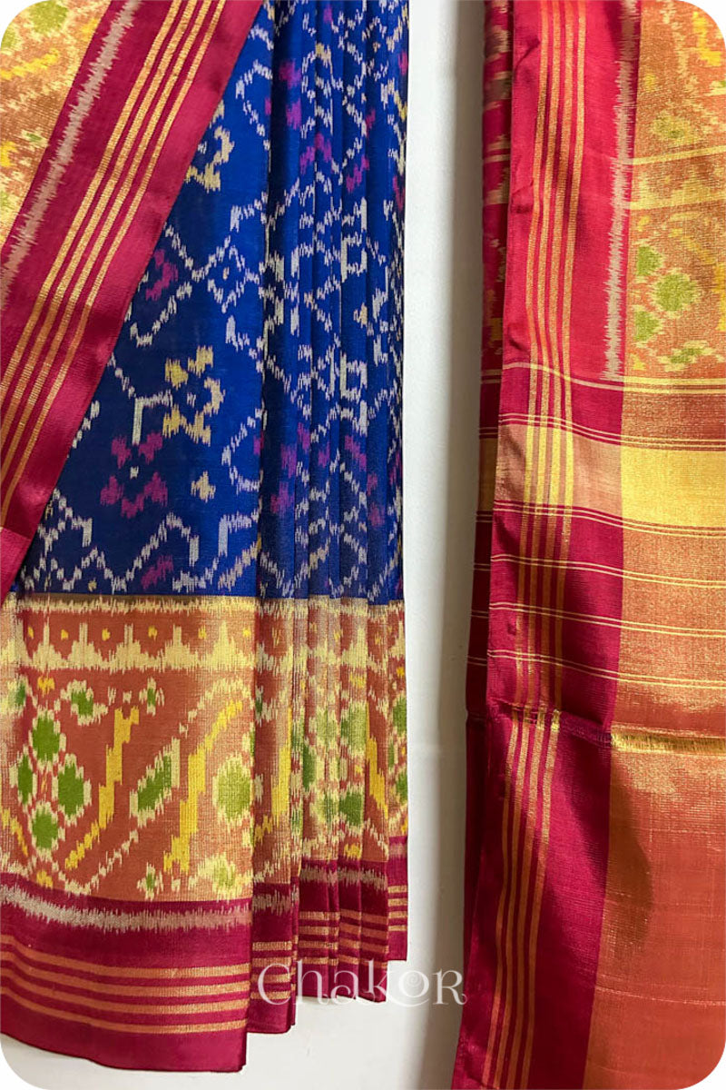 Navy Red Patola Mulberry Silk Saree