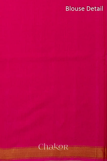 Blouse material detail of Handloom Purple Pink Ikat Patola Mulberry Silk Saree with traditional design.