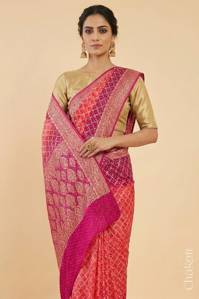 Woman wearing Handcrafted Pink and peach ombre shaded Bandhani Banarasi Georgette Silk Saree featuring zari weaving and Kutch Bandhej.