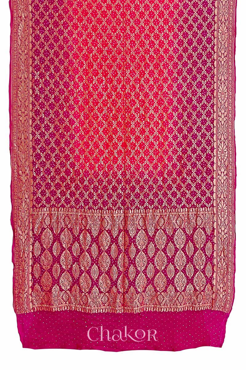 Chakor's traditional Peach Pink banarasi silk bandhej handloom saree with Mukaish embroidery