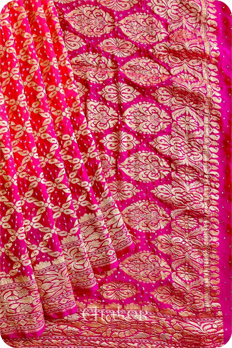 Chakor's traditional Peach Pink banarasi silk bandhej handloom saree with Mukaish embroidery