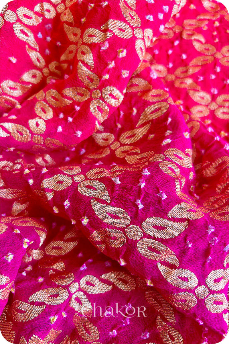 Chakor's traditional Peach Pink banarasi silk bandhej handloom saree with Mukaish embroidery - closeup