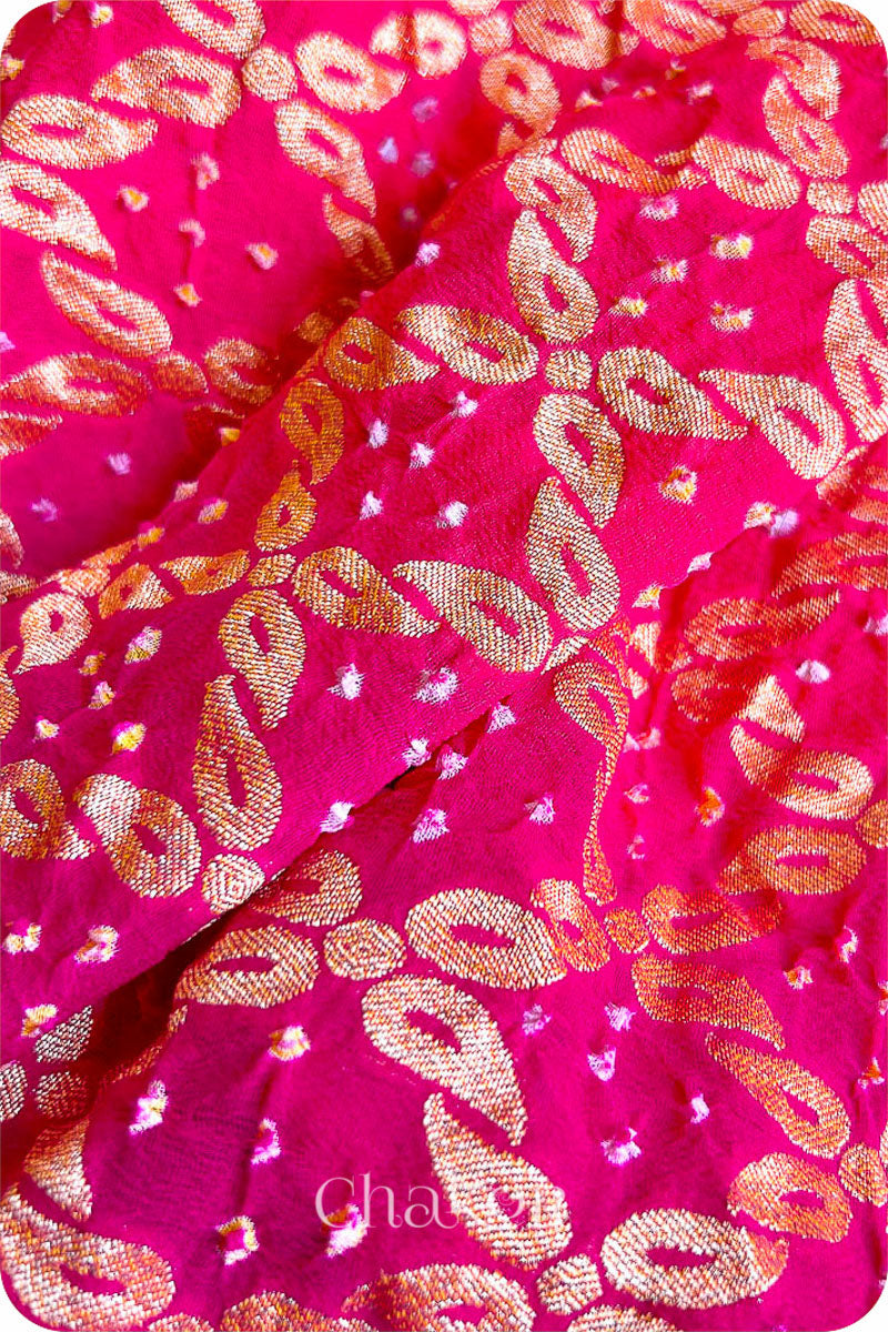 Chakor's traditional Peach Pink banarasi silk bandhej handloom saree with Mukaish embroidery - closeup