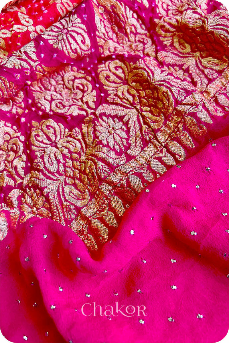 Chakor's traditional Peach Pink banarasi silk bandhej handloom saree with Mukaish embroidery - pallu closeup