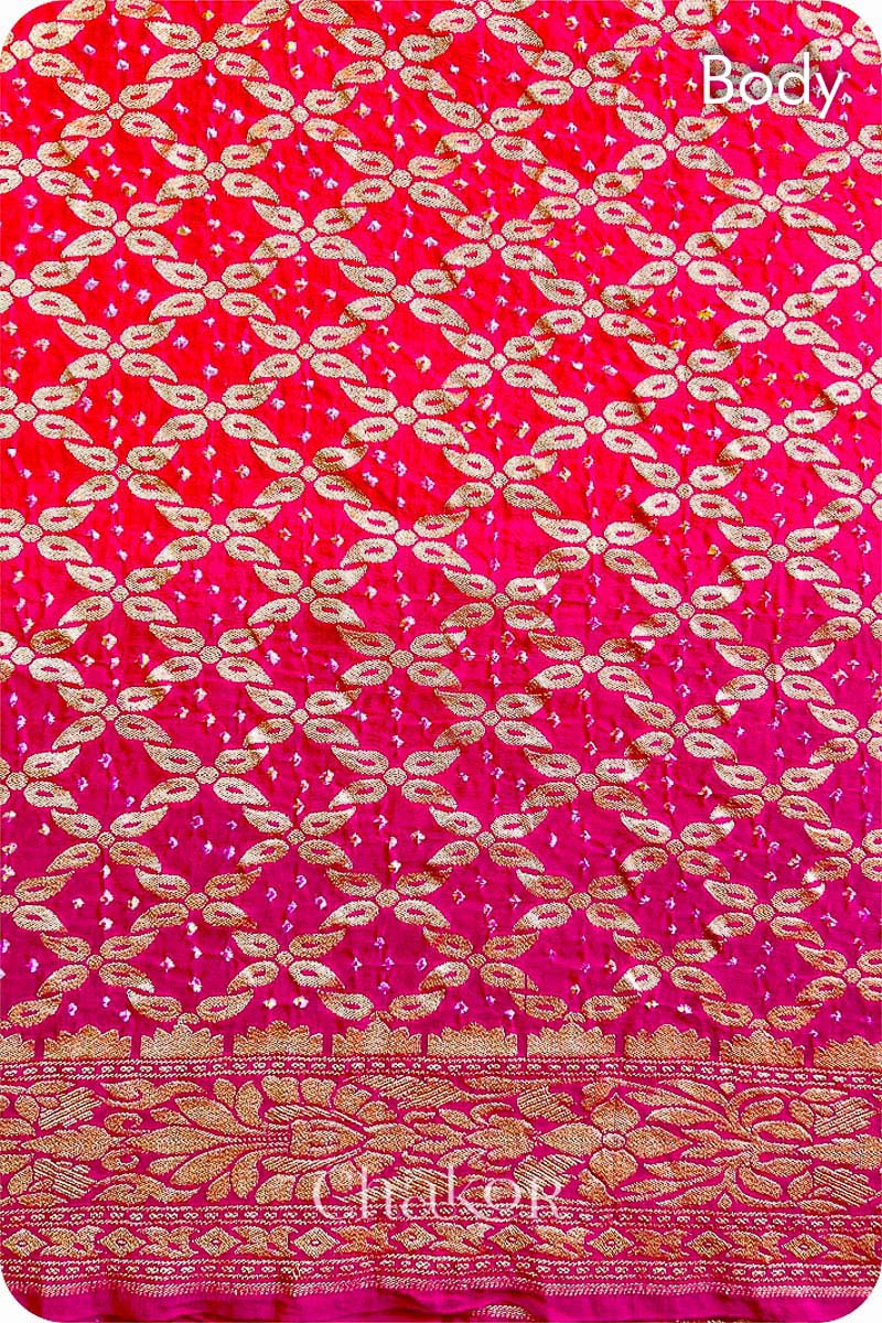 Chakor's traditional Peach Pink banarasi silk bandhej handloom saree with Mukaish embroidery - body detail