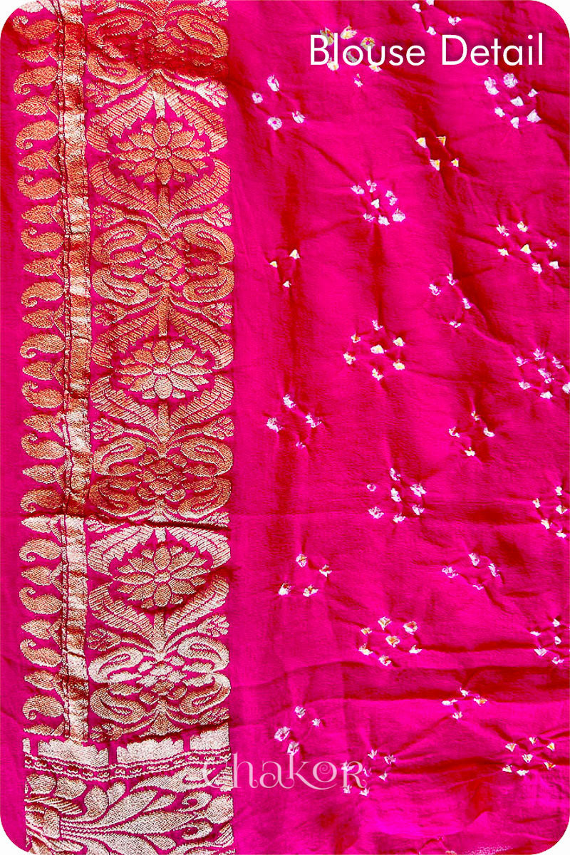 Chakor's traditional Peach Pink banarasi silk bandhej handloom saree with Mukaish embroidery - blouse detail