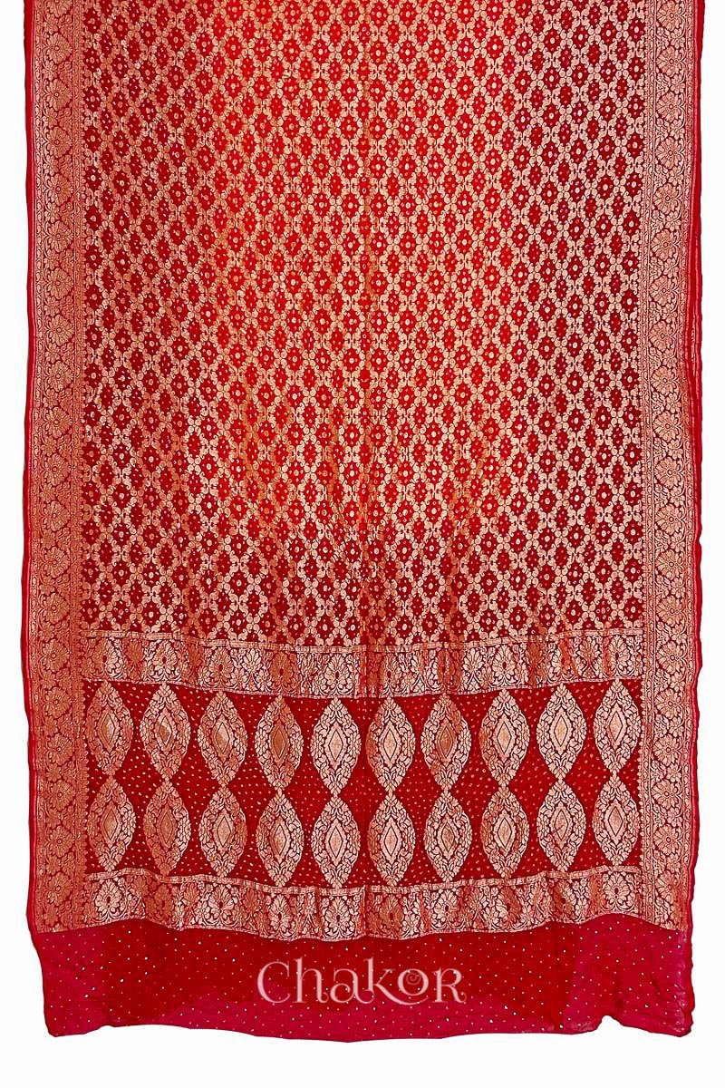 Chakor's traditional Orange Red banarasi silk bandhej handloom saree with Mukaish embroidery