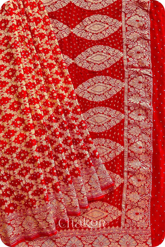 Chakor's traditional Orange Red banarasi silk bandhej handloom saree with Mukaish embroidery