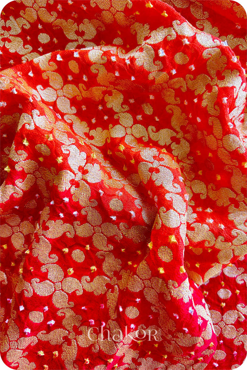 Chakor's traditional Orange Red banarasi silk bandhej handloom saree with Mukaish embroidery - closeup