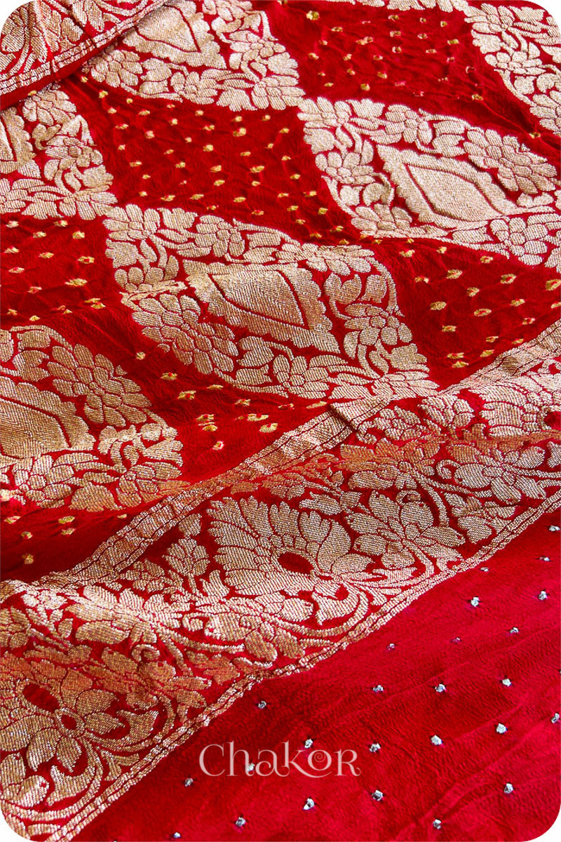 Chakor's traditional Orange Red banarasi silk bandhej handloom saree with Mukaish embroidery - pallu closeup