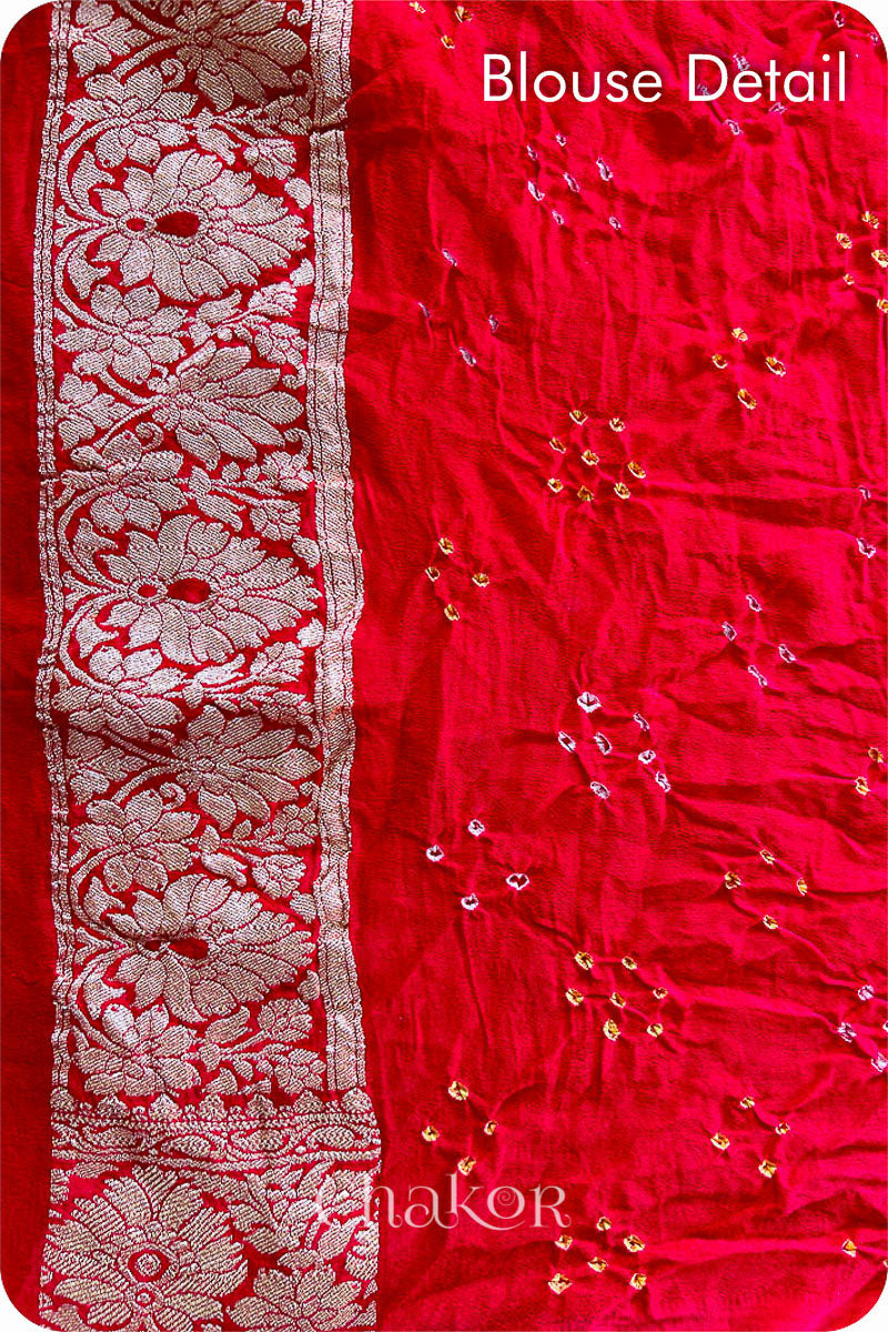 Chakor's traditional Orange Red banarasi silk bandhej handloom saree with Mukaish embroidery - blouse detail