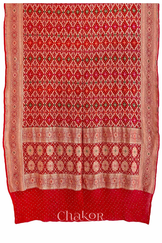 Chakor's Traditional Red Bandhani Banarasi Georgette Silk Dupatta embellished with mukaish work.