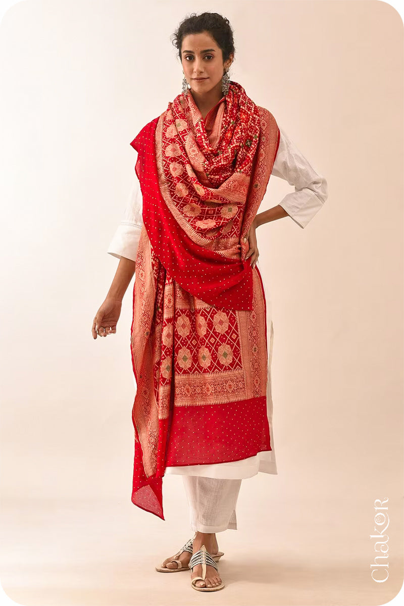 Chakor's Traditional Red Bandhani Banarasi Georgette Silk Dupatta embellished with mukaish work.