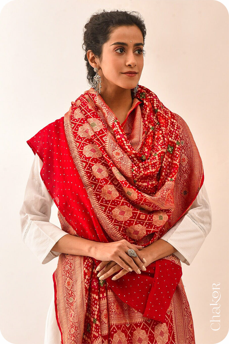 Chakor's Traditional Red Bandhani Banarasi Georgette Silk Dupatta embellished with mukaish work.