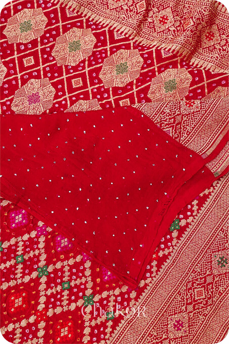 Chakor's Traditional Red Bandhani Banarasi Georgette Silk Dupatta embellished with mukaish work.