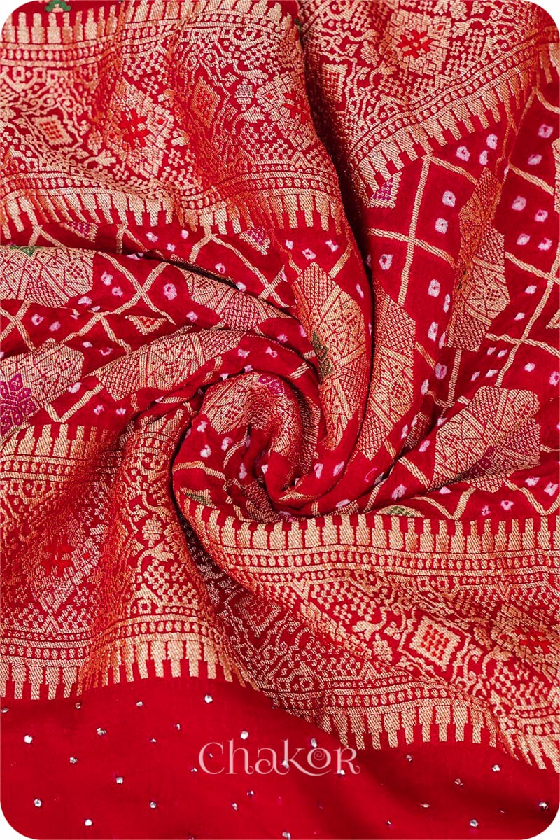 Chakor's Traditional Red Bandhani Banarasi Georgette Silk Dupatta embellished with mukaish work.