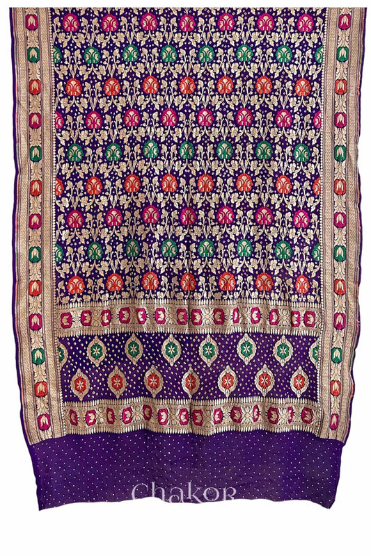 Chakor's Traditional Purple Bandhani Banarasi Georgette Silk Dupatta embellished with mukaish work.