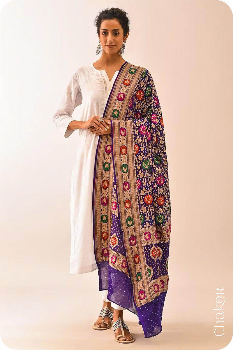 Chakor's Traditional Purple Bandhani Banarasi Georgette Silk Dupatta embellished with mukaish work.