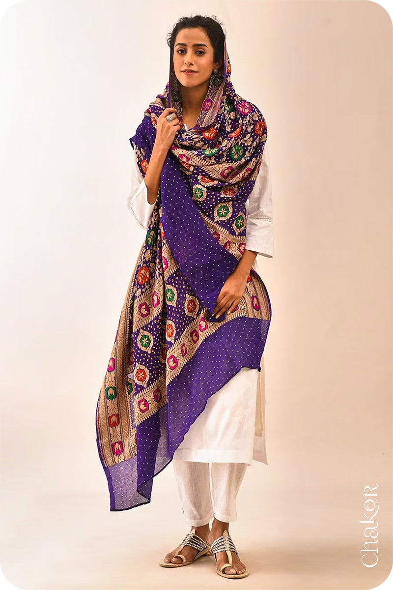 Chakor's Traditional Purple Bandhani Banarasi Georgette Silk Dupatta embellished with mukaish work.