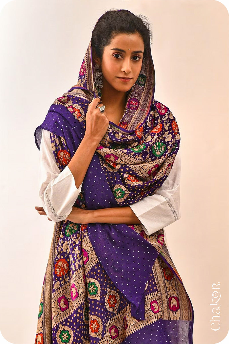 Chakor's Traditional Purple Bandhani Banarasi Georgette Silk Dupatta embellished with mukaish work.