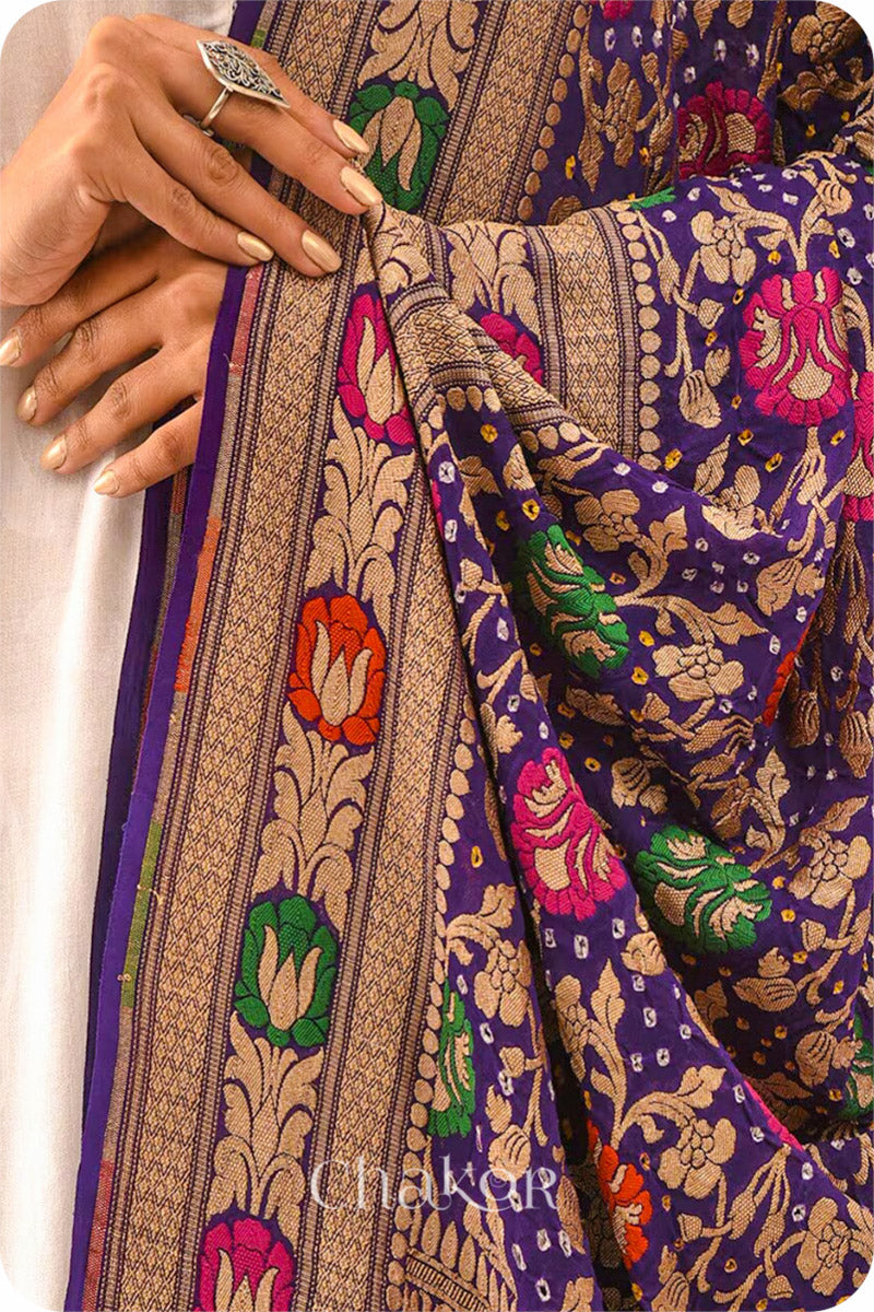 Chakor's Traditional Purple Bandhani Banarasi Georgette Silk Dupatta embellished with mukaish work.