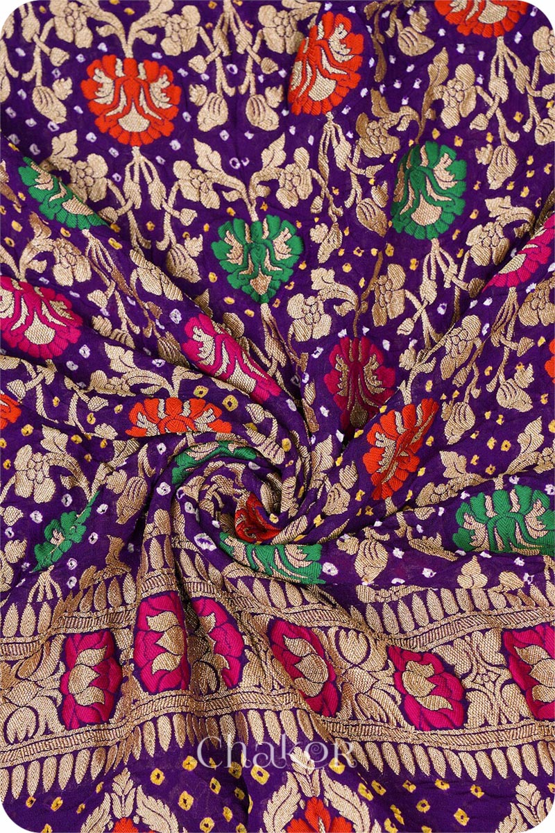 Chakor's Traditional Purple Bandhani Banarasi Georgette Silk Dupatta embellished with mukaish work.