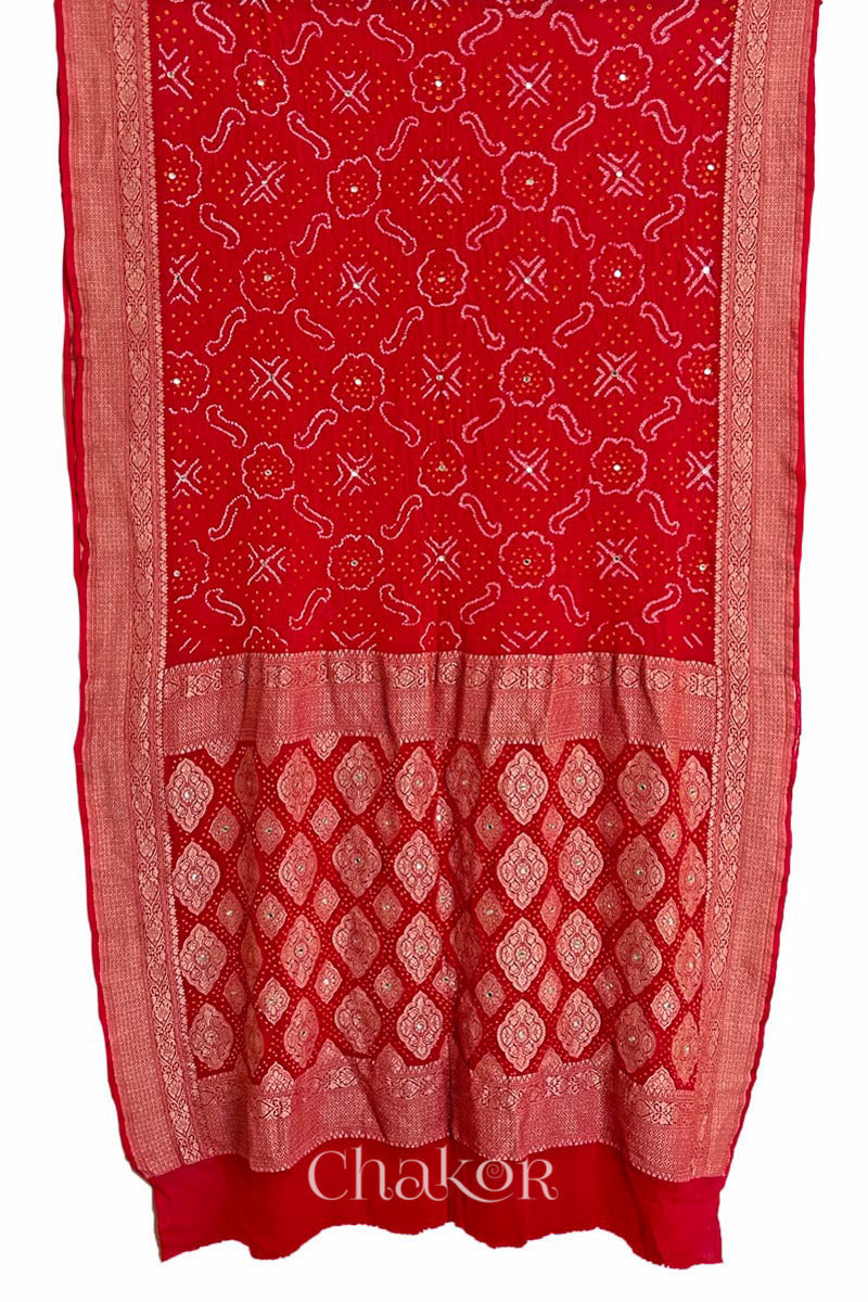 Chakor's traditional auspicious Red banarasi silk bandhej handloom saree with mirror embroidery