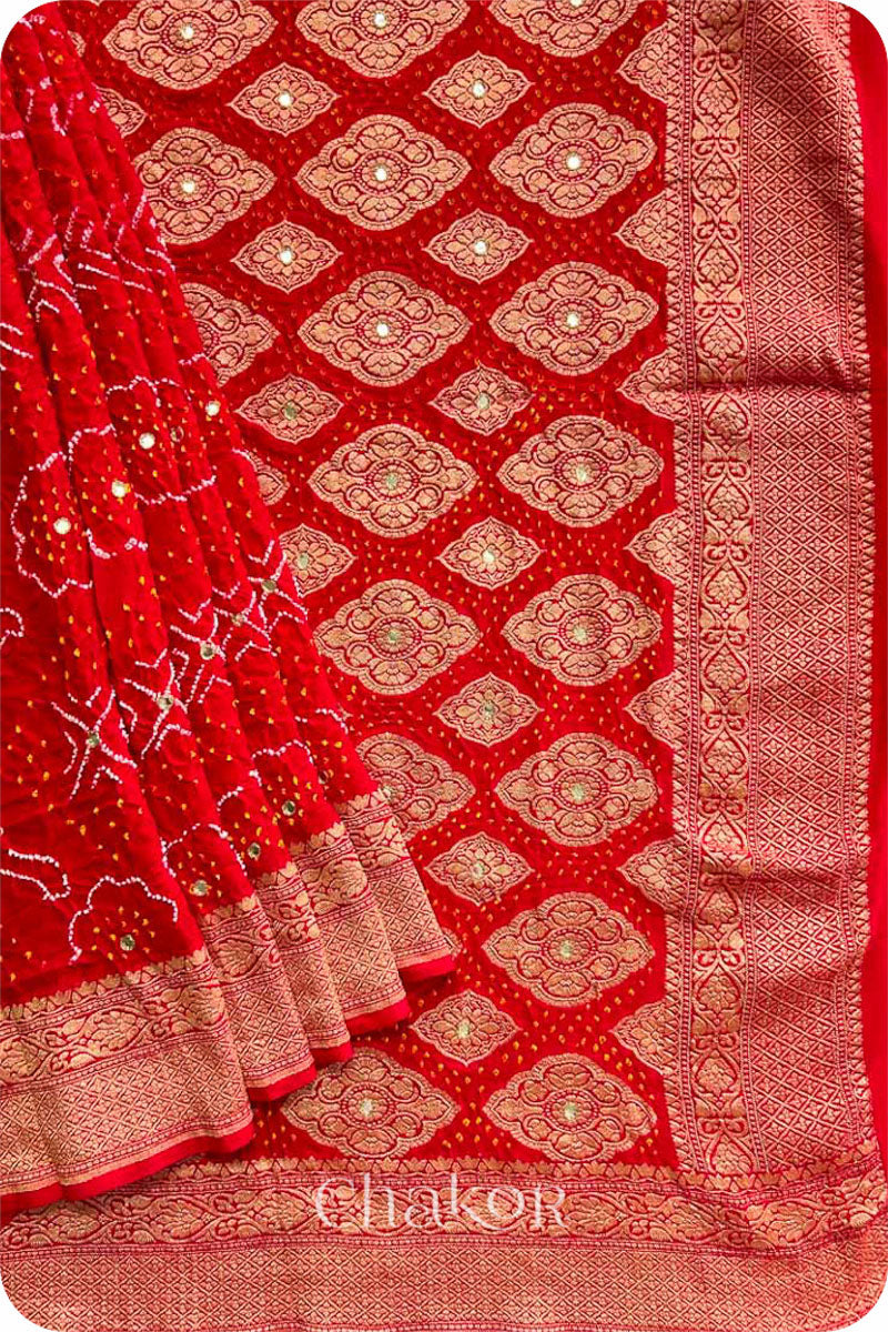 Chakor's traditional auspicious Red banarasi silk bandhej handloom saree with mirror embroidery