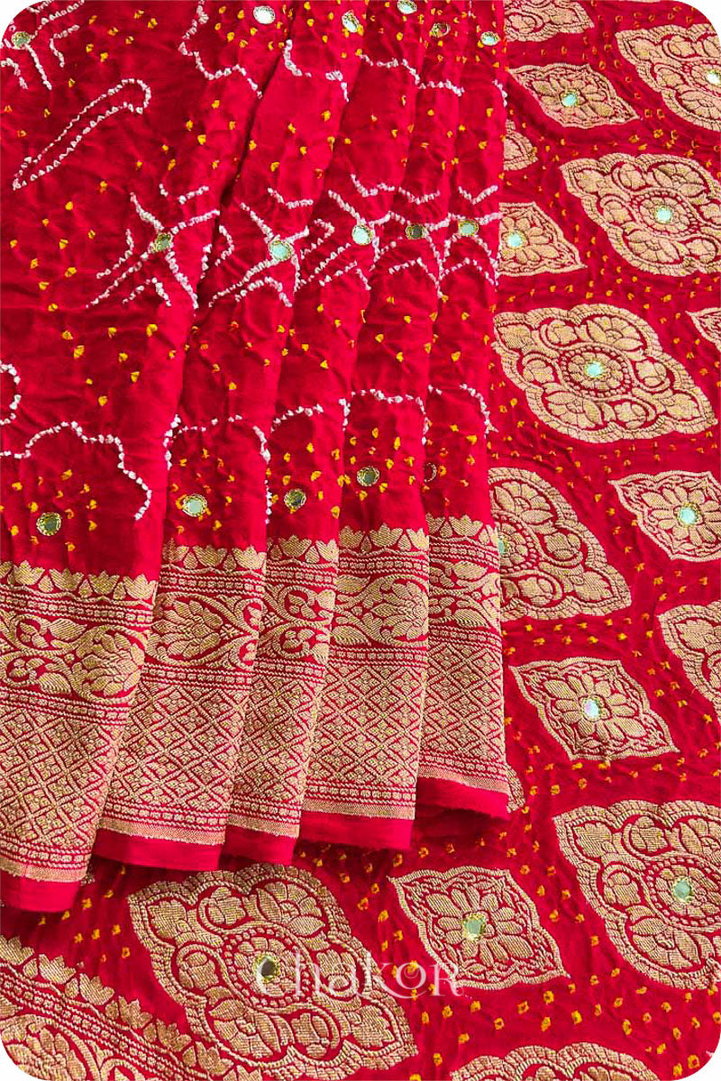 Chakor's traditional auspicious Red banarasi silk bandhej handloom saree with mirror embroidery