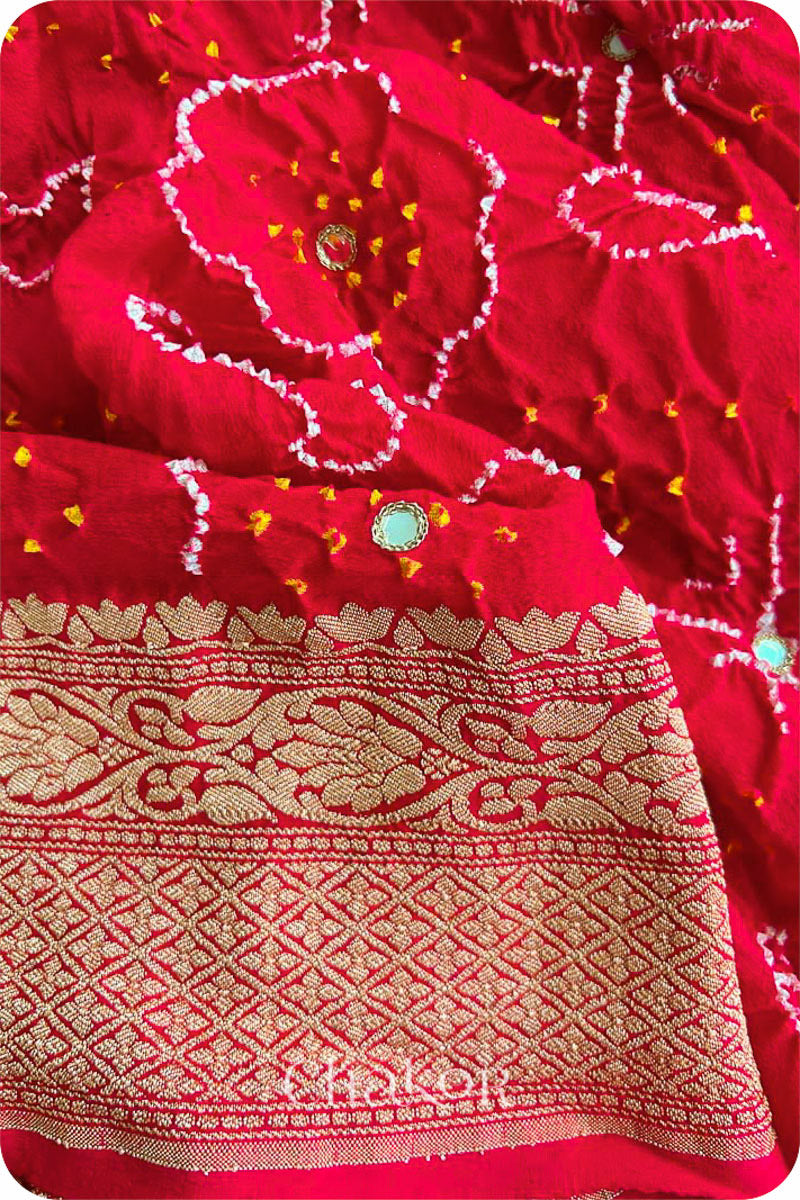 Chakor's traditional auspicious Red banarasi silk bandhej handloom saree with mirror embroidery