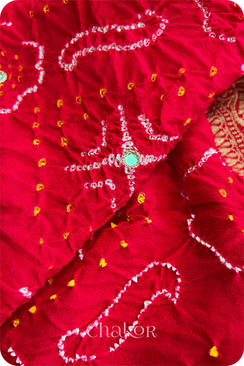 Chakor's traditional auspicious Red banarasi silk bandhej handloom saree with mirror embroidery - closeup