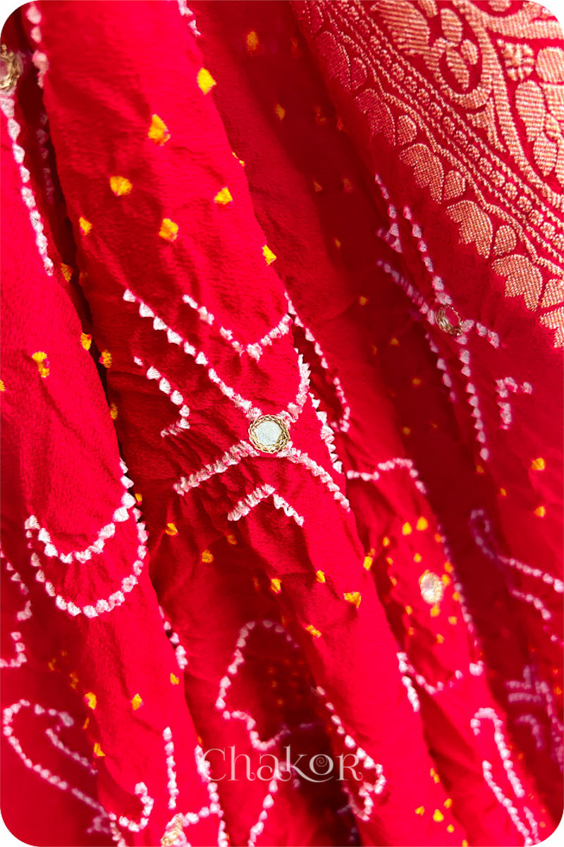 Chakor's traditional auspicious Red banarasi silk bandhej handloom saree with mirror embroidery - closeup