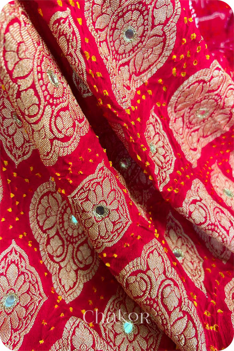 Chakor's traditional auspicious Red banarasi silk bandhej handloom saree with mirror embroidery - pallu closeup