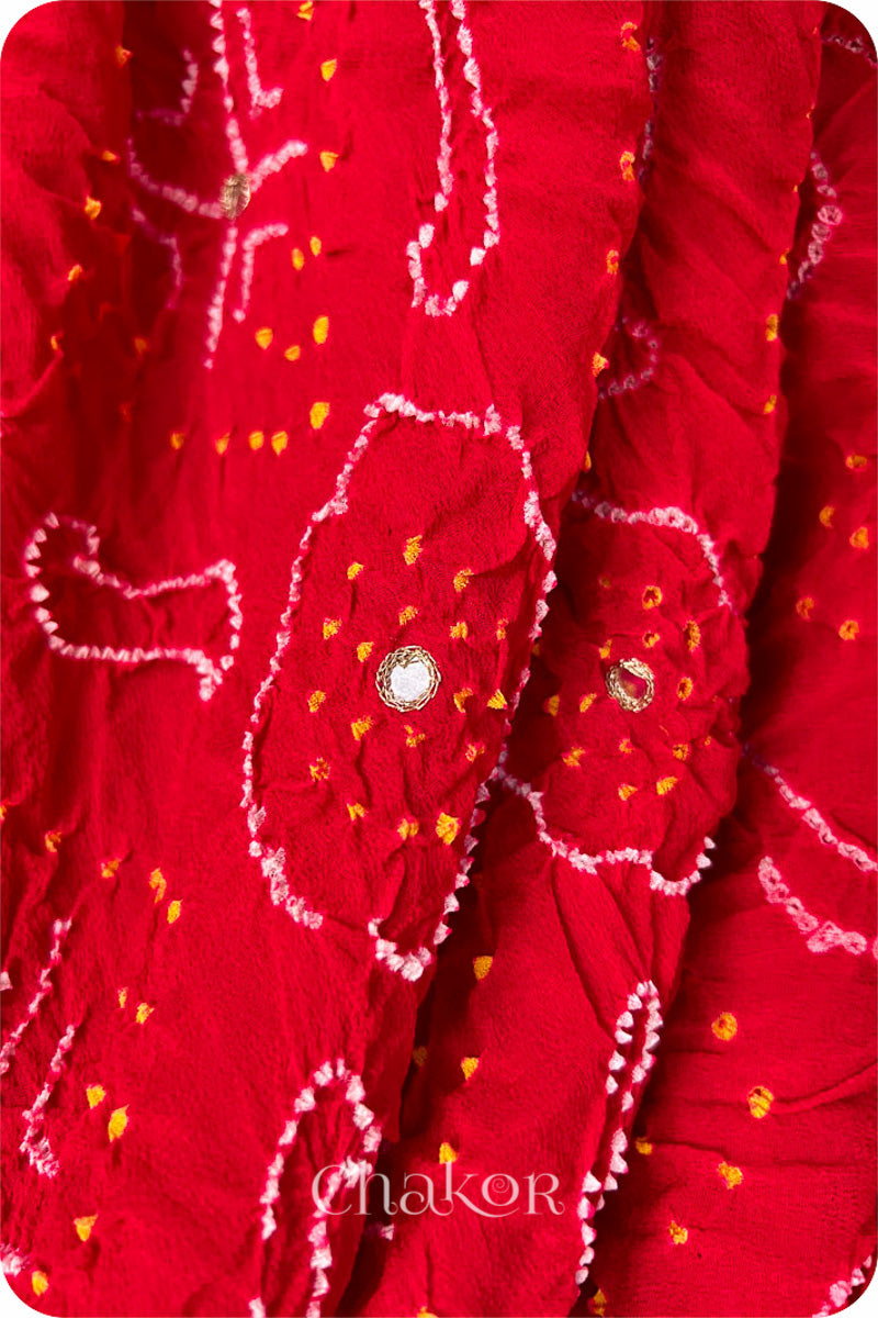 Chakor's traditional auspicious Red banarasi silk bandhej handloom saree with mirror embroidery