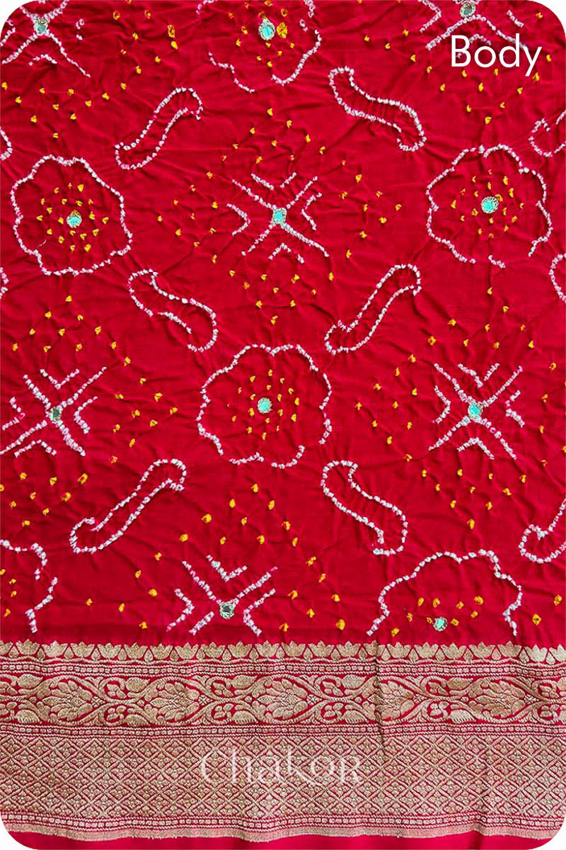 Chakor's traditional auspicious Red banarasi silk bandhej handloom saree with mirror embroidery - body closeup