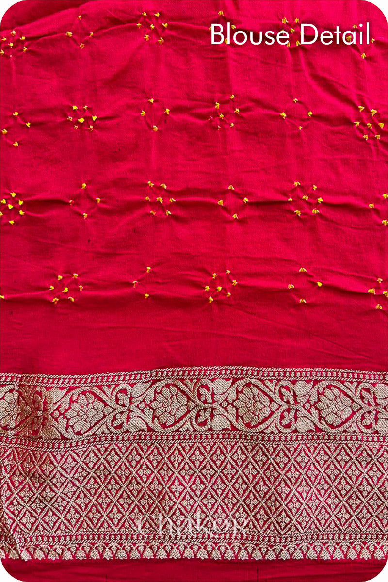 Chakor's traditional auspicious Red banarasi silk bandhej handloom saree with mirror embroidery - blouse detail